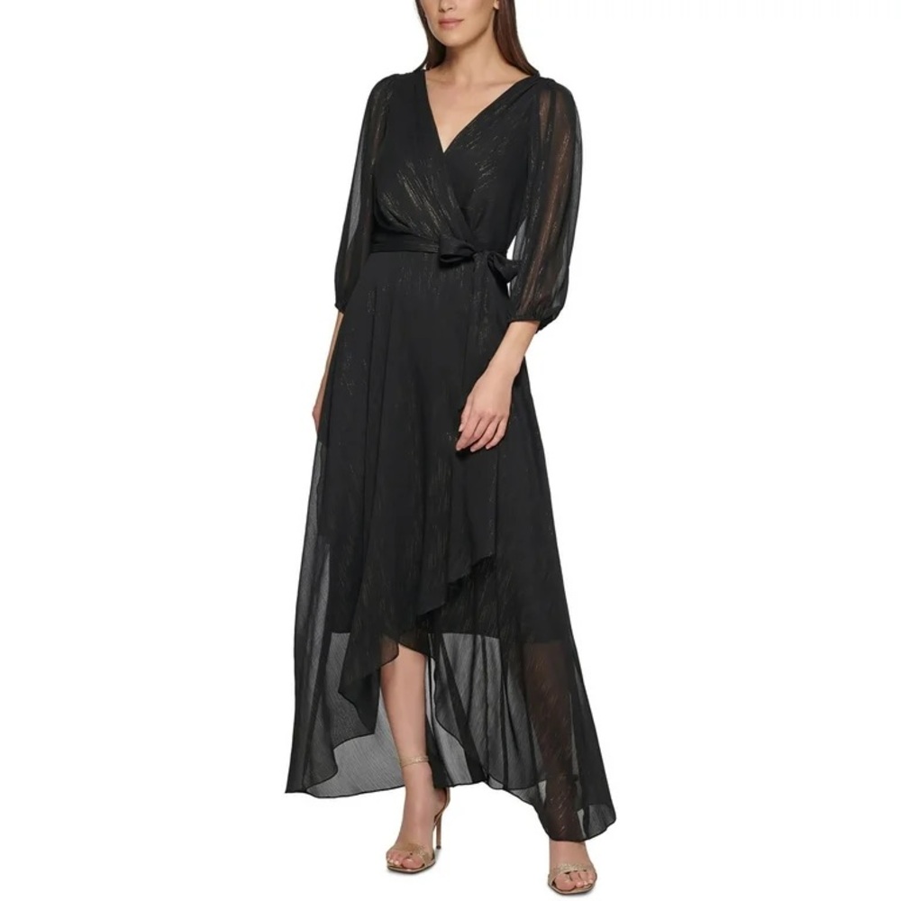 DKNY Women’s Metallic Chiffon High-Low Wrap Gown